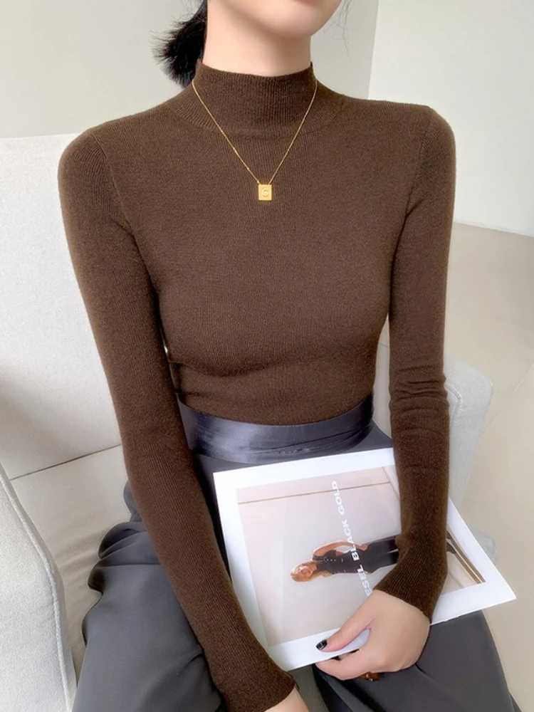 

2025 Vintage Basic Solid Knitted Tops Autumn Winter Women Sweater Casual Slim Turtleneck Pullovers Korean Simple Chic Sweater