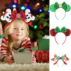 2024 Disney Christmas Peppermint Candy Mouse Ears Headband For Girls Sequins Bow Festivall Party Hairband DIY Hair Accessories