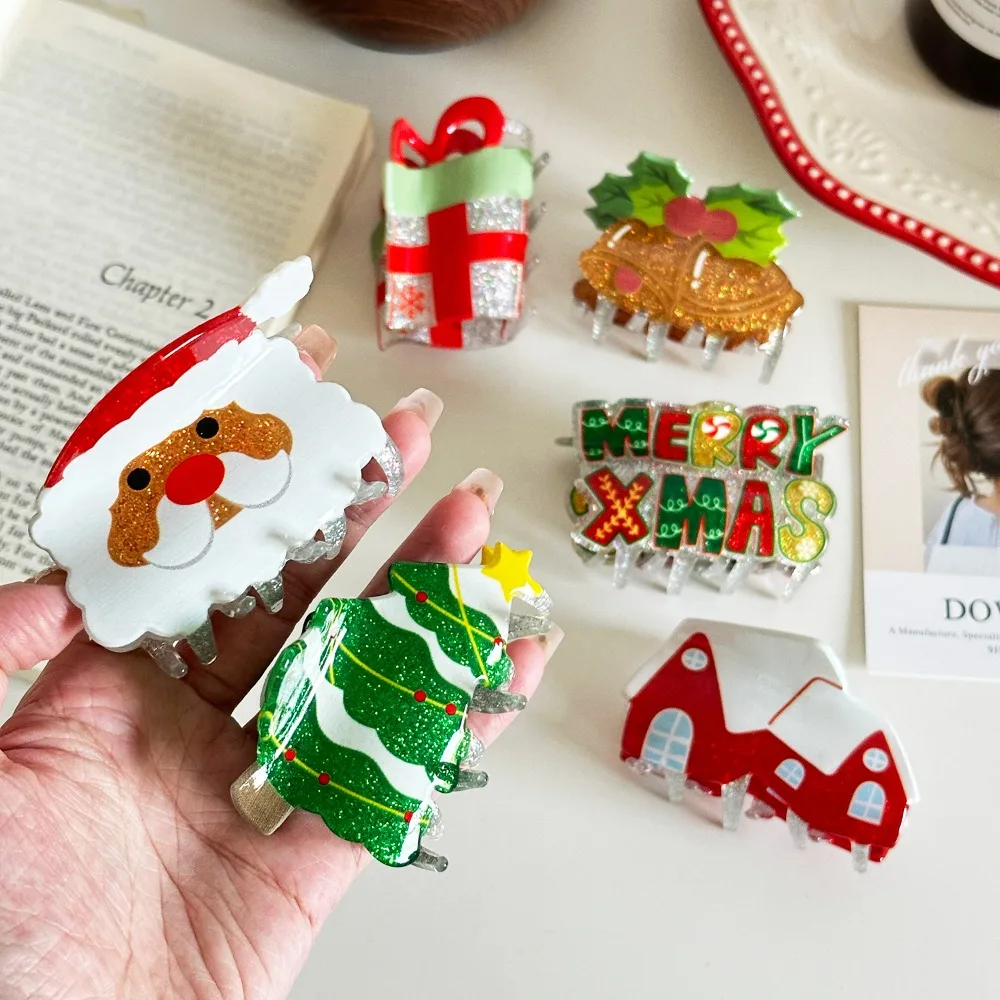 

Acrylic Santa Claus Shark Clip Snowhouse Glitter Christmas Tree Hair Claw Sweet Merry Christmas Cartoon Hair Grab Clip Party