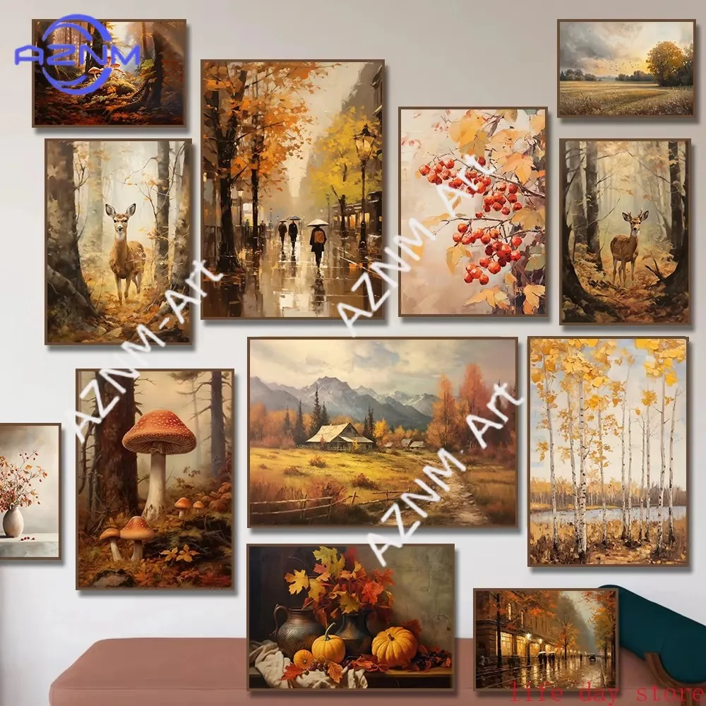 1PC ，Autumn Countryside Canvas Painting Field Birch Tree Deer Still Life Fall Leaves Vase Poster Nature Wall Art for Room Home