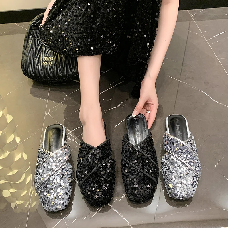 

Женские тапочки Baotou на низком каблуке, весенне-осенние модные тканевые удобные нескользящие тапочки с квадратной головкой и мягкой подошвой