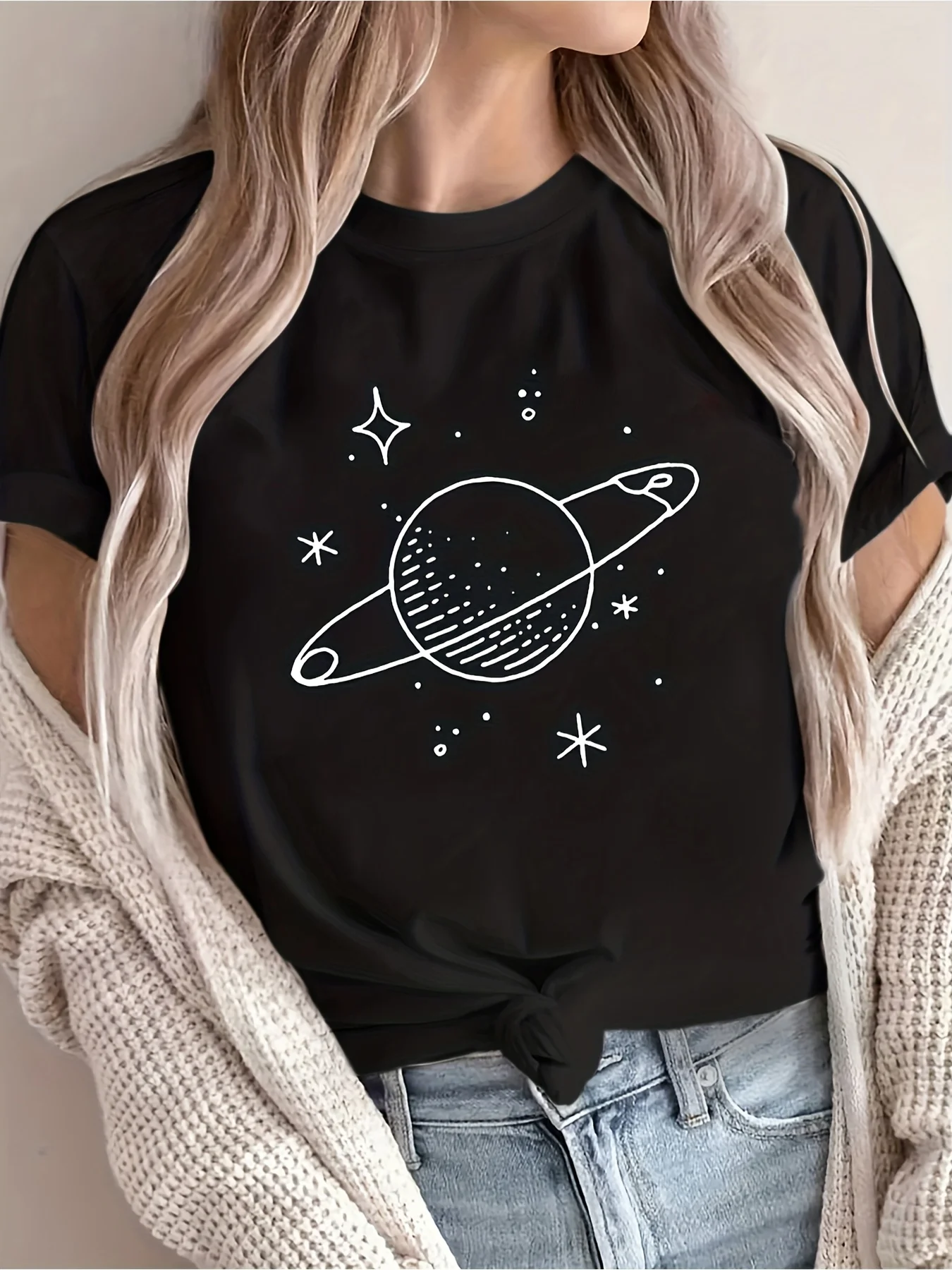 Women's Short Sleeve Crew Neck Tee with Celestial Planet Print Fashion Breathable Refresh T Shirt Casual Graphic Female 90s Tee