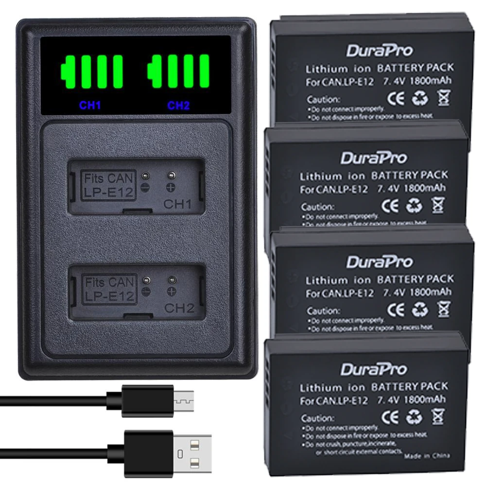 DuraPro 1800mAh LP-E12 Bateria LPE12 Battery +LED Dual Charger for Canon M 100D Kiss X7 Rebel SL1 EOS M10 EOS M50 DSLR Camera