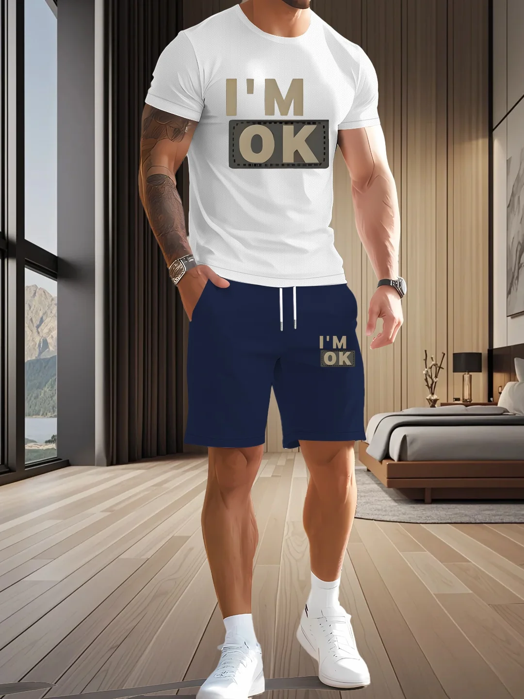 

Fashion and casual 2-piece men's printed short sleeved T-shirt and shorts set - casual outdoor summer