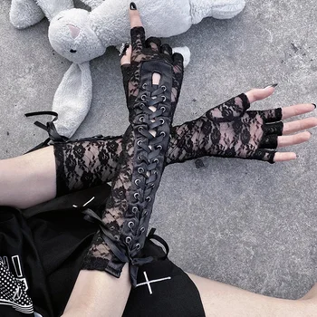 Manopla de malla con remaches para mujer, manopla de medio dedo, manga de brazo, sin dedos, Punk oscuro, Hip Hop, cinta cruzada, fiesta de Halloween, guantes de encaje sensuales