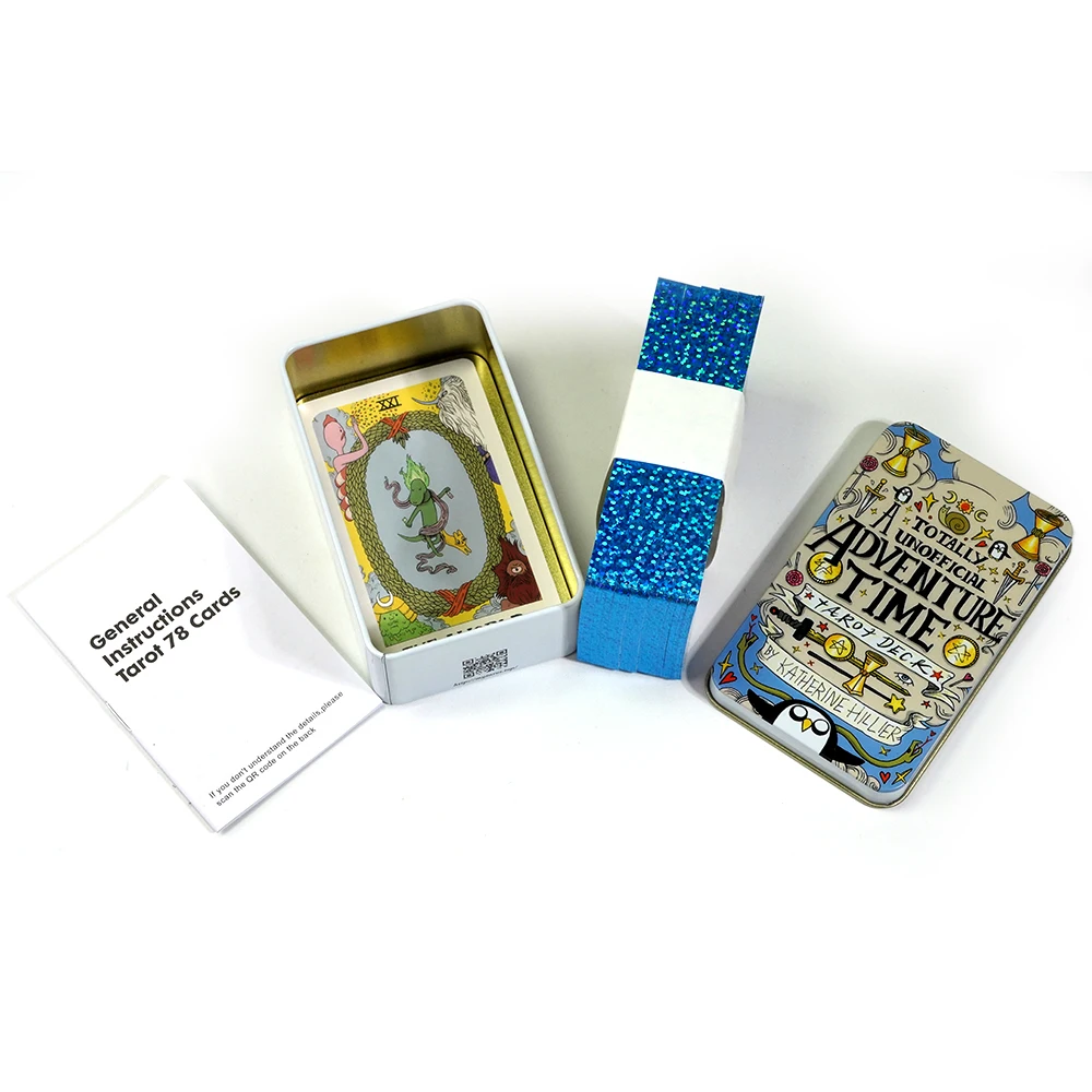 Tarot du temps d'aventure 10.3x6cm dans une boîte métallique en étain, cartes de Tarot à bord plaqué or pour jeu de Tarot de Divination