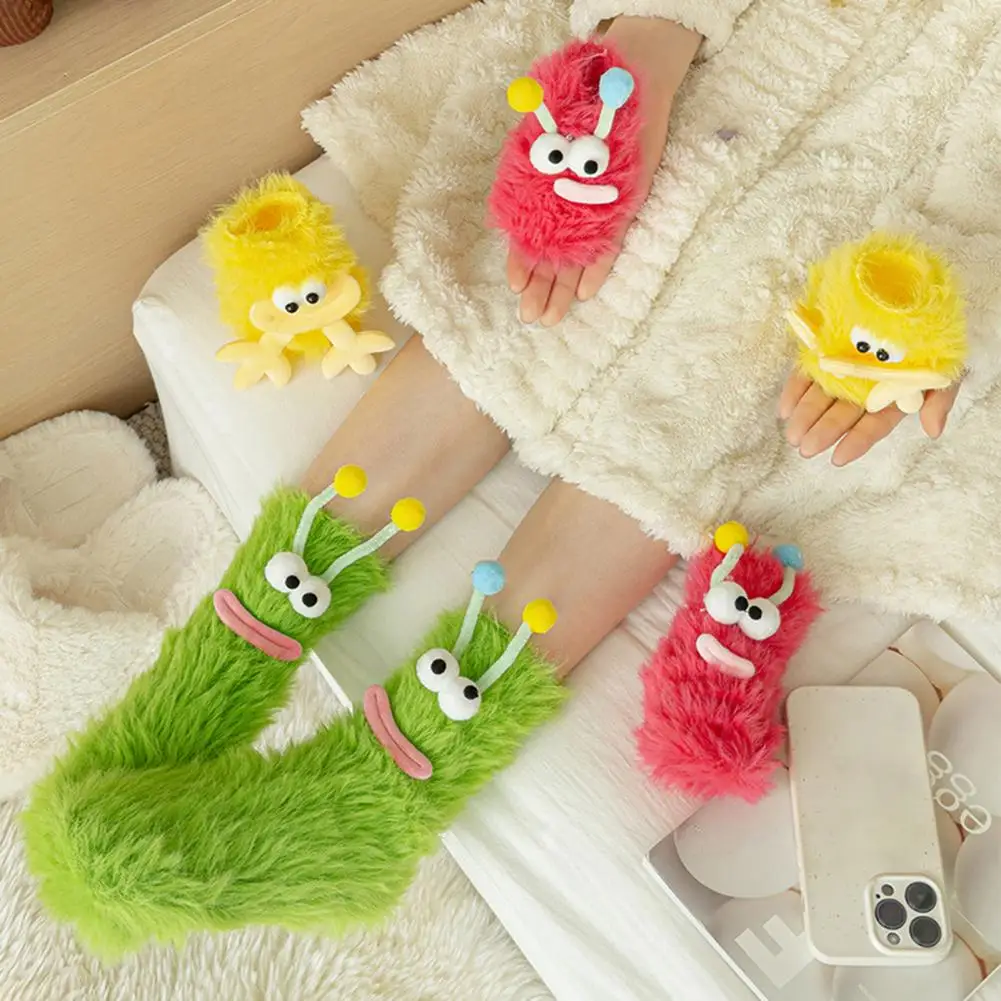 1 Pair Cartoon Socks Funny Expression Decoration Animal Big Eyes Thick Fuzzy Plush Warmth Retention Fall Winter Floor Socks Holi