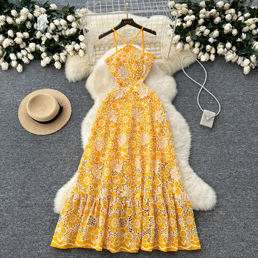 Elegant Embroidered Hook Flower Hollow Out Vintage Halter Chic Lace Slim Straps Dress Women Fashion Evening High Street Clothing