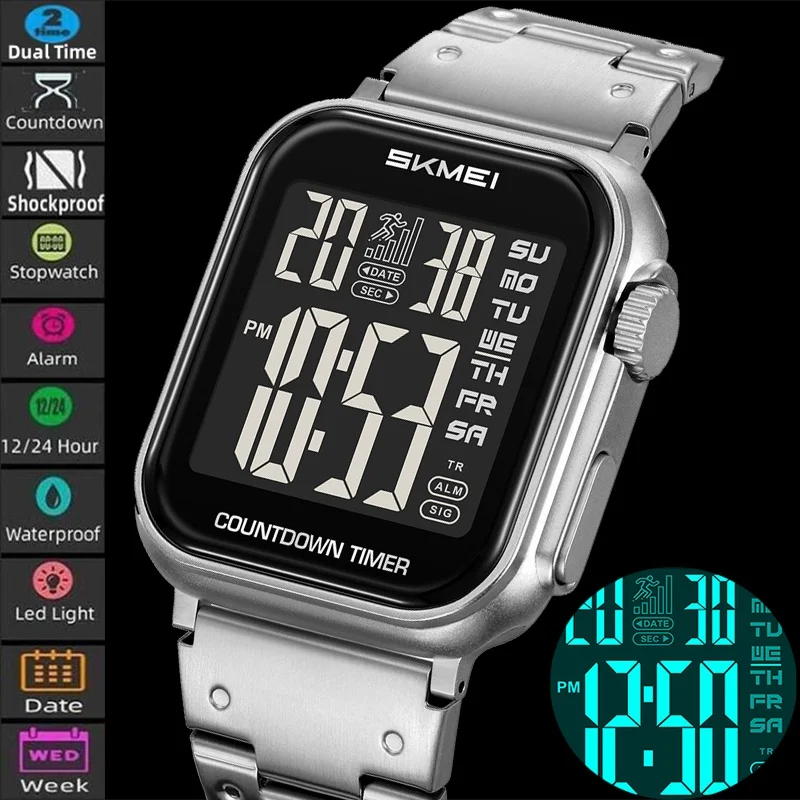 Skmei Dual Time Zone Digital Watches for Mens LED Waterproof Chronograph Luxury Stainless Steel Band Military Sports Alarm Clock