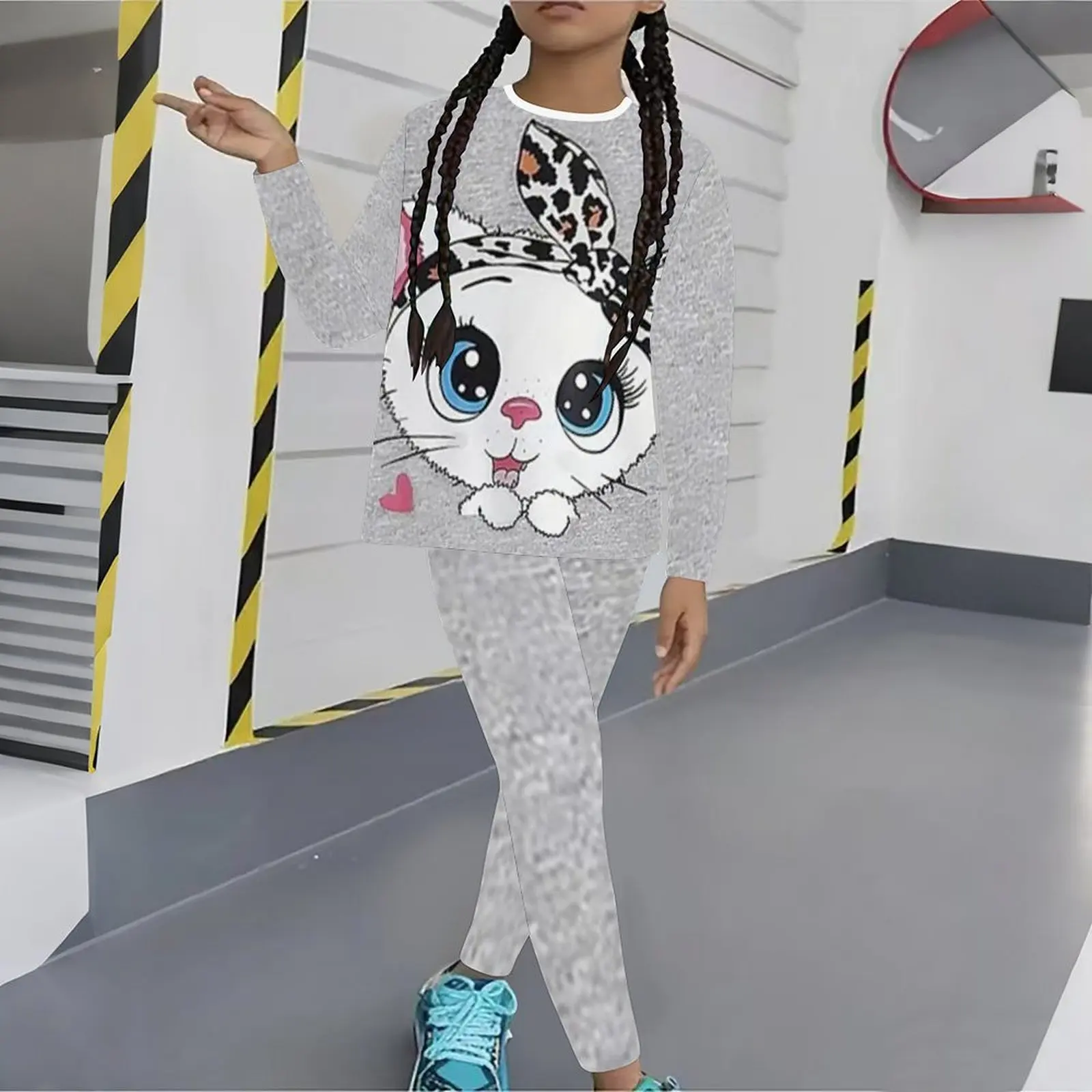 Autumn Leggings Winter Jogging Pants Girls Print Long Sleeve Round Neck Top Cute Two-Piece Casual T-shirt