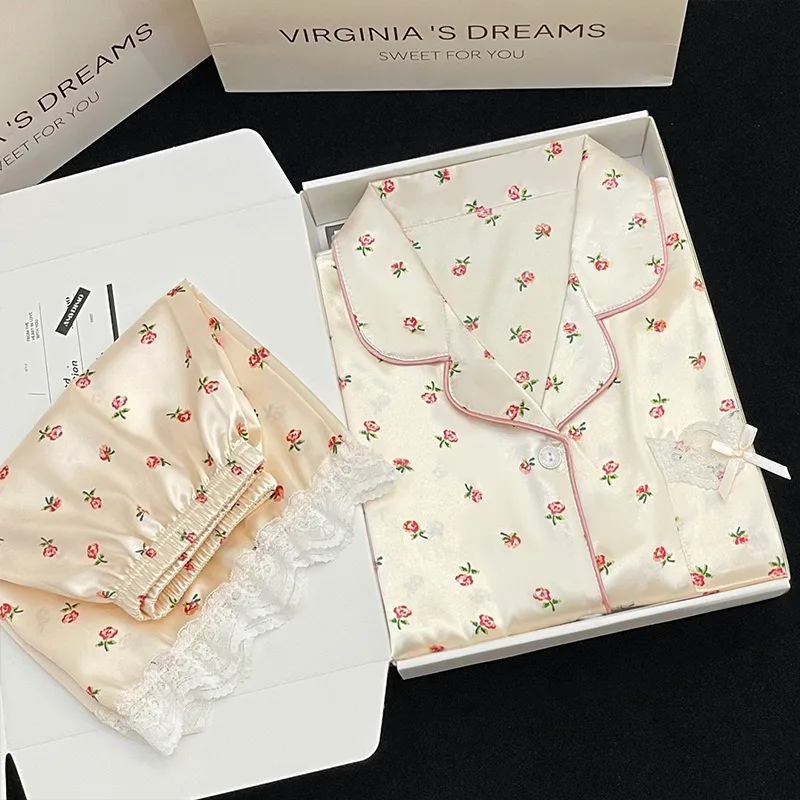 

Women‘s Summer Satin Short Sleeve Shorts Pajamas Girl Loungewear Two-Piece Set Ladies Nightwear Home Wear Women Sleepwear