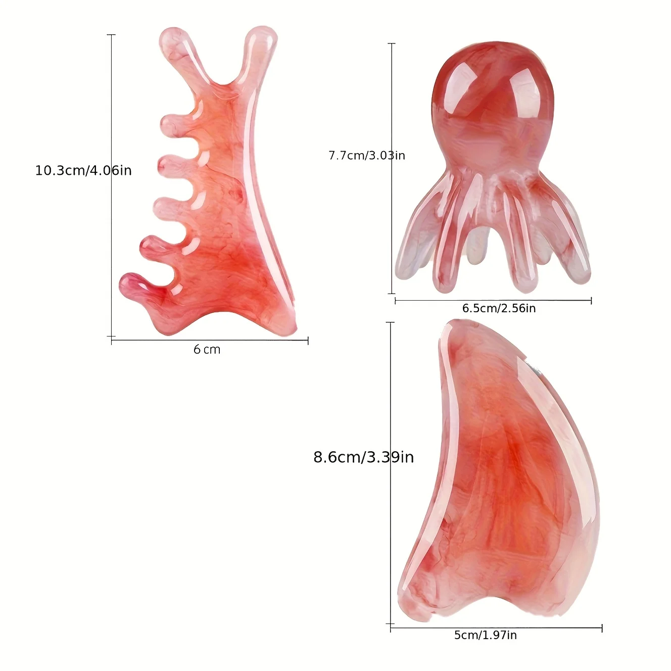 3-piece resin massage tool set for face, head and body: Gua Sha, meridian unblocking and acupressure for muscle relaxation.