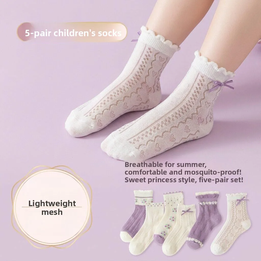 Princess Style Children's Socks Breathable Mesh Thin Cotton Summer Short Socks Anti-Odor Purple Eyelet Design Kids' Footwear