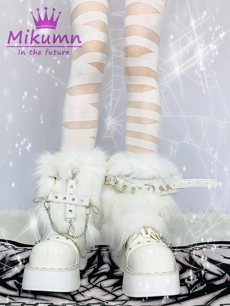 Harajuku Rock Punk Furry Leg Warmer Socks Y2K Gothic Cross Rivet PU Metal Buckle White Faux Fur Warm Boot Covers Chic Streetwear