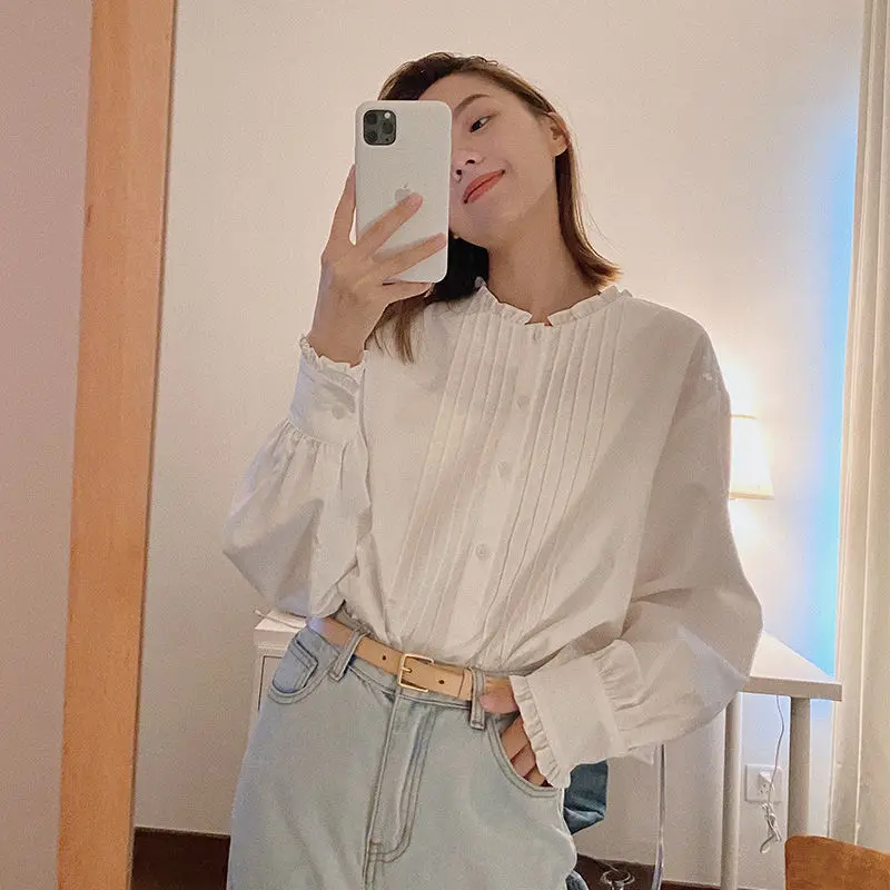 Shirts Women Ruffles Lovely Seductive Charming Korean Fashion Long Sleeve All-match Daily Solid Ladies Vintage Blouses Classic