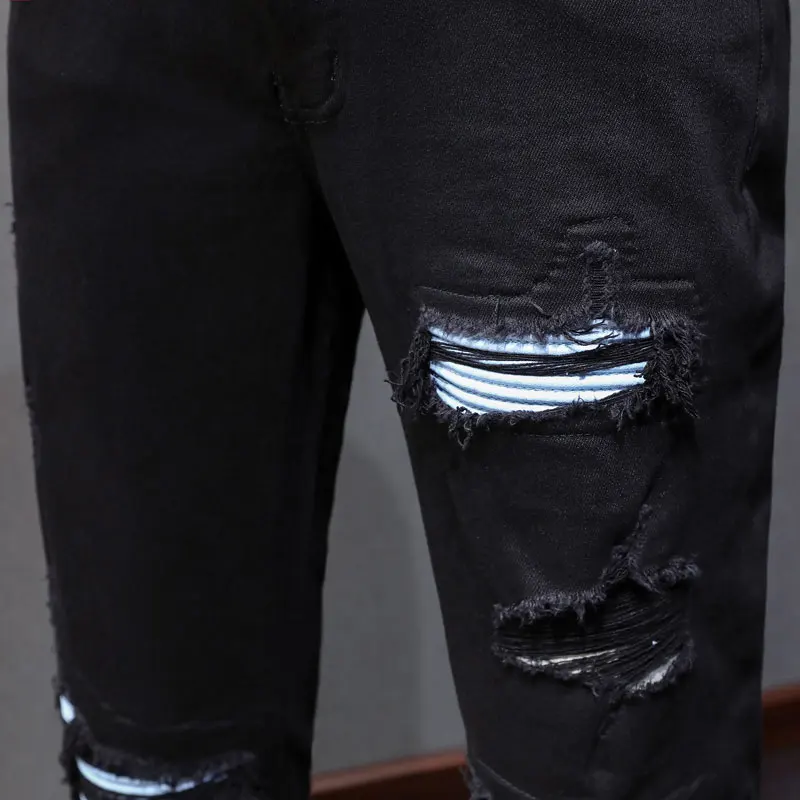 Designer fashion new men's jeans white patch washed nostalgic stretch slim fit retro black jeans high street fashion hip-hop jea