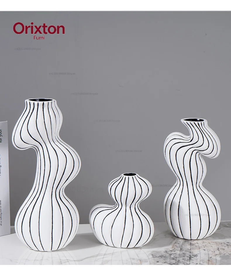 Black and White Stripes Irregular Ceramic Vase Desk Decoration Flowers Arrangement Artificial Flower Decorative Floral Vases