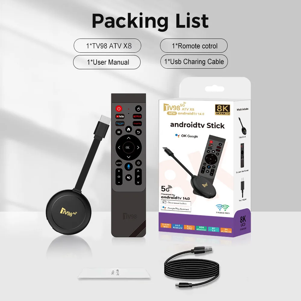 TV98 ATV X8 عصا تلفاز ذكية صغيرة أندرويد 14 H313 1080P HD TV box 2.4/5G WiFi TV استقبال لمشغل الوسائط Google YouTube Netflix