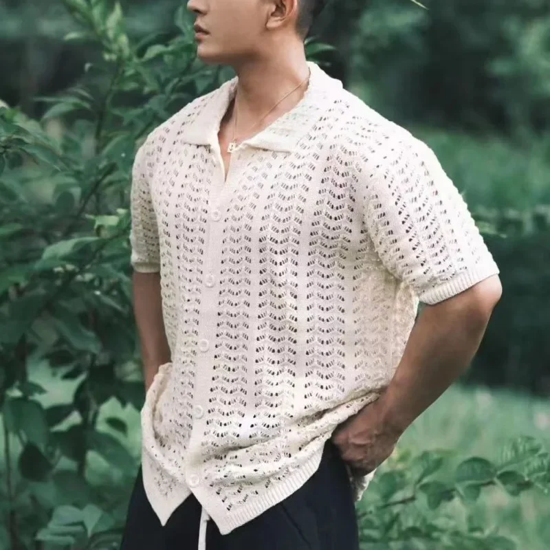 Men's Shirt Summer New Fashion Solid Color Short Sleeve Loose Casual Mesh Cutout Shirt for Men