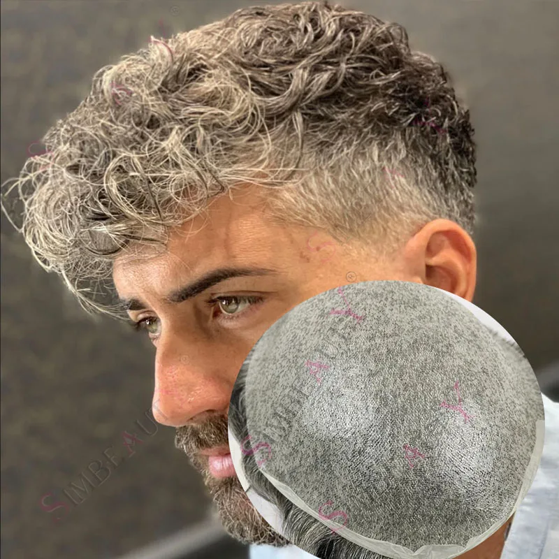 

Натуральная линия волос 26 мм Вьющиеся 0,02 мм Ультратонкая кожа 80% Плотность 240 # 550 # Блондинка, коричнево-серый мужской парик, 100% человеческие волосы, микрокожа