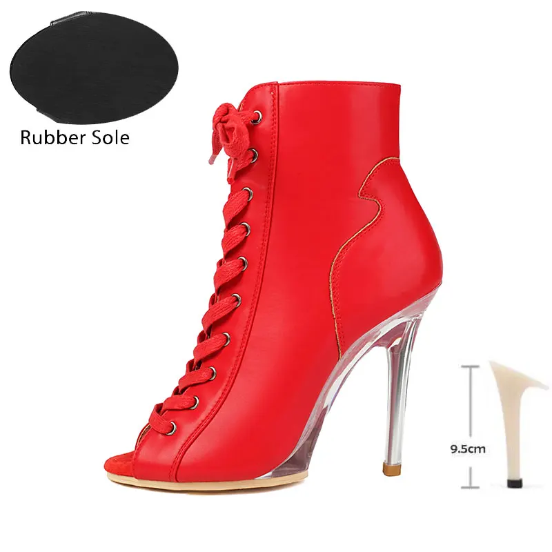 9.5CM Jazz Dance Heels Lace-Up Crystal Transparent Dance Heel Salsa Women Jazz Dance Shoes Peep Toe Ankle Boots