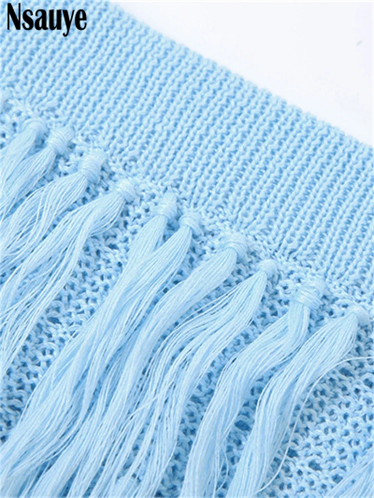 سترة نسائية مثيرة من Nsauye سترة فضفاضة بأكمام طويلة شفافة من خلال النادي المحبوك تنورة صغيرة ملفوفة بشراشيب طقم مكون من قطعتين لشتاء 2025