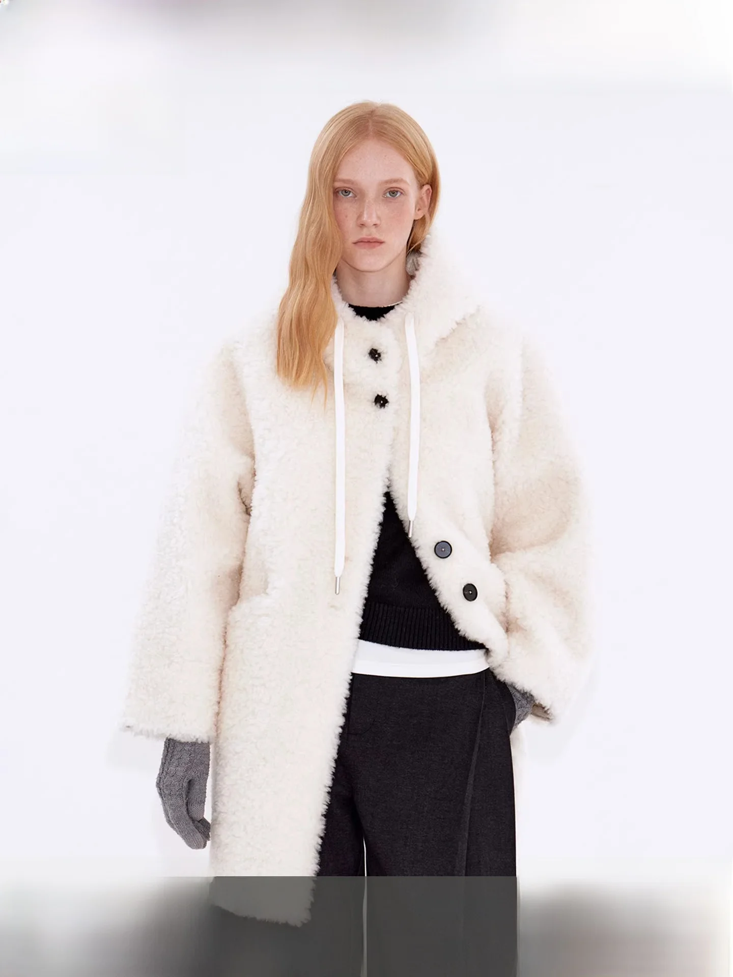 

Fano Vanilla Cr 00 Wool Hooded Contrast Button Loose Mid-Length Fur Jaet Women's Casual Sle Long Sve Warm Coat