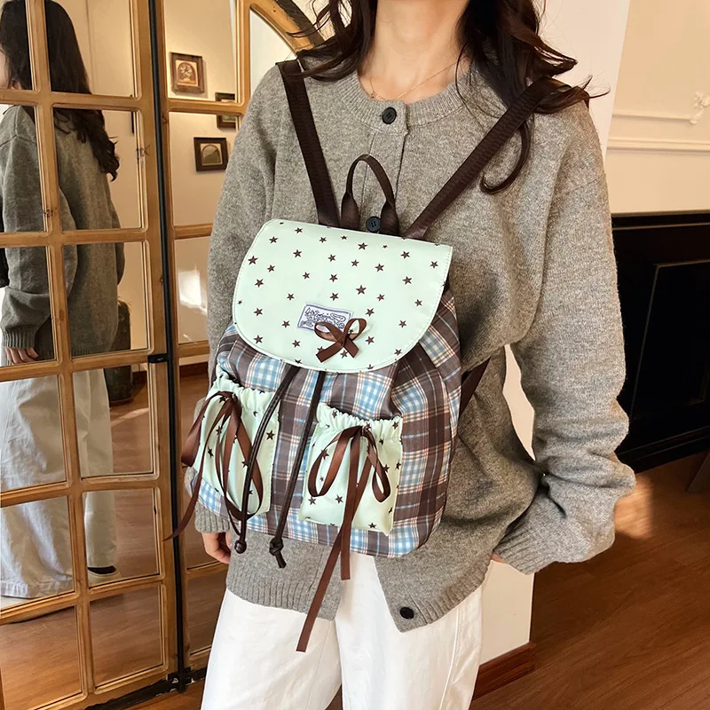 Mint Green Sweet Bow Double Shoulder Backpack Star Print Contrast Color Plaid Grid Pattern Small Student Schoolbag