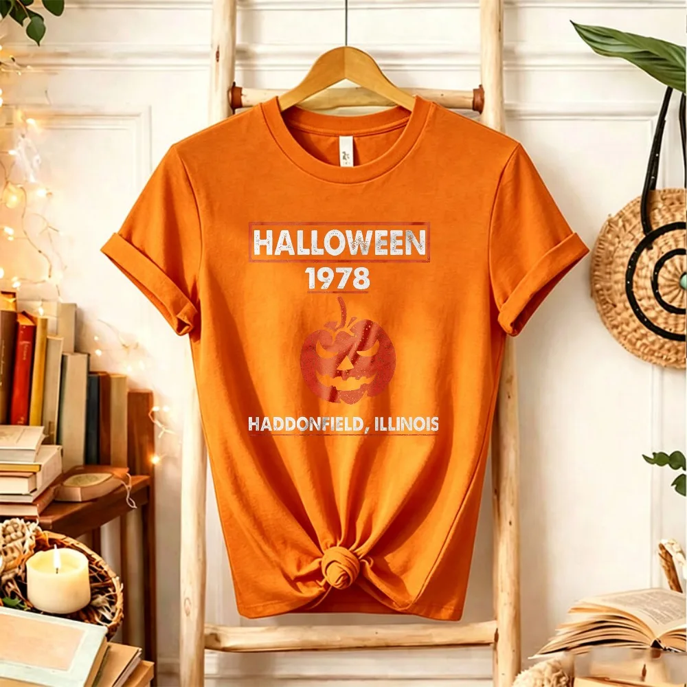 Halloween 1978 Haddonfield Illinois Graphic T‑Shirt Distressed Jack O Lantern Pumpkin Vintage Horror Movie Slogan Spooky Tops