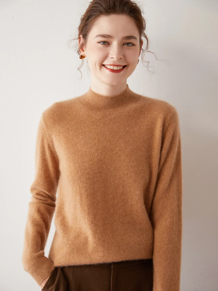 

New Women 100% Baby Goat Cashmere Pullover Mock-neck Knitted Sweater Autumn Winter Warm Soft Long Sleeve Solid Female Clothing