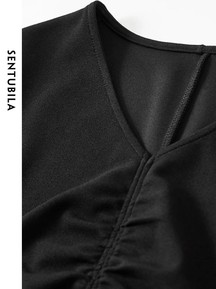 SENTUBILA Retract Waist Knit Black Dress for Women 2024 Autumn Solid Slim Fit Shirring V Neck Long Sleeve Women Dress 143L56478