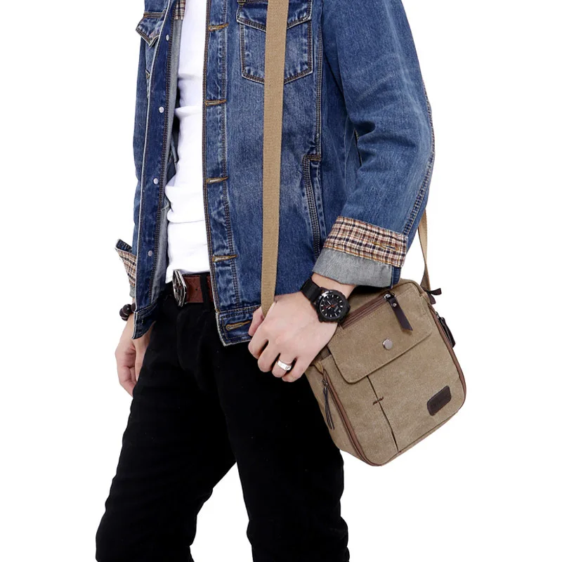 Wear-resistant canvas multi-functional single-shoulder bag for men, large-capacity multi-compartment waterproof crossbody bag