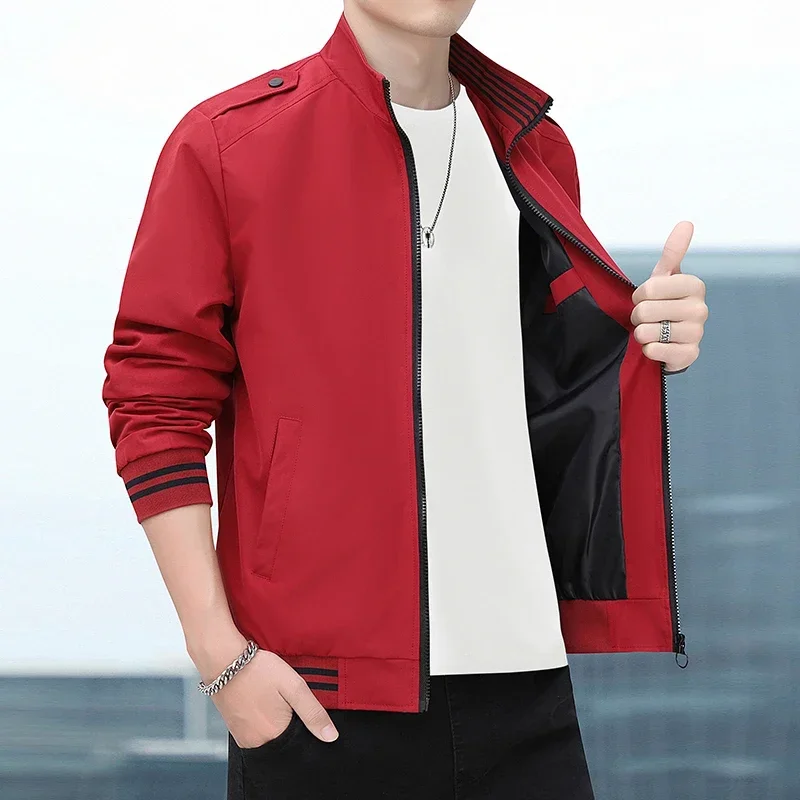 2024 New Arrival Autumn Red Cargo Jackets for Men Casual Male Windbreaker Zipper Coat Fashion Stand Collar Baseball Jacket Men