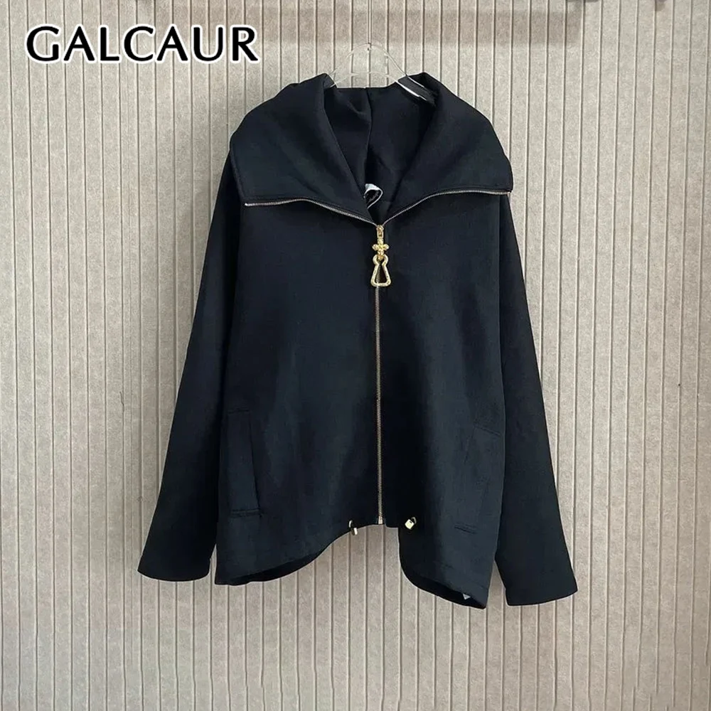 

GALCAUR Solid Spliced Zipper Basics Jacket Female Lapel Long Sleeve Loose Vintage Literary Women's Jackets Autumn Fashion Style