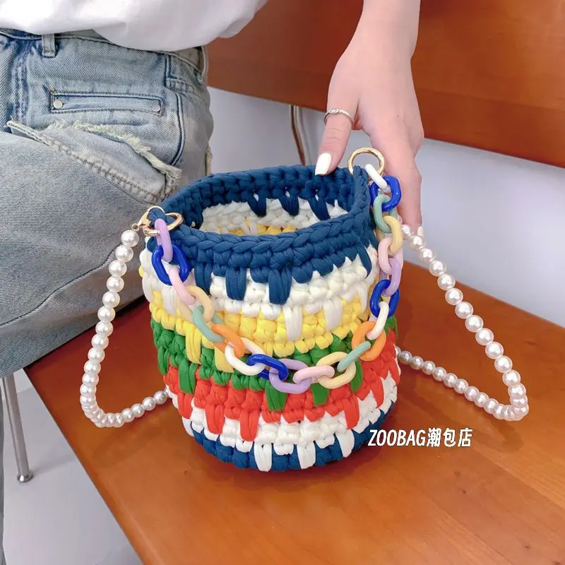 Rainbow Colors Knitting Women Bags 2023 Spring Summer New Vivid Purse and Handbgs Bucket Japanese Style Fashion All-match Bags