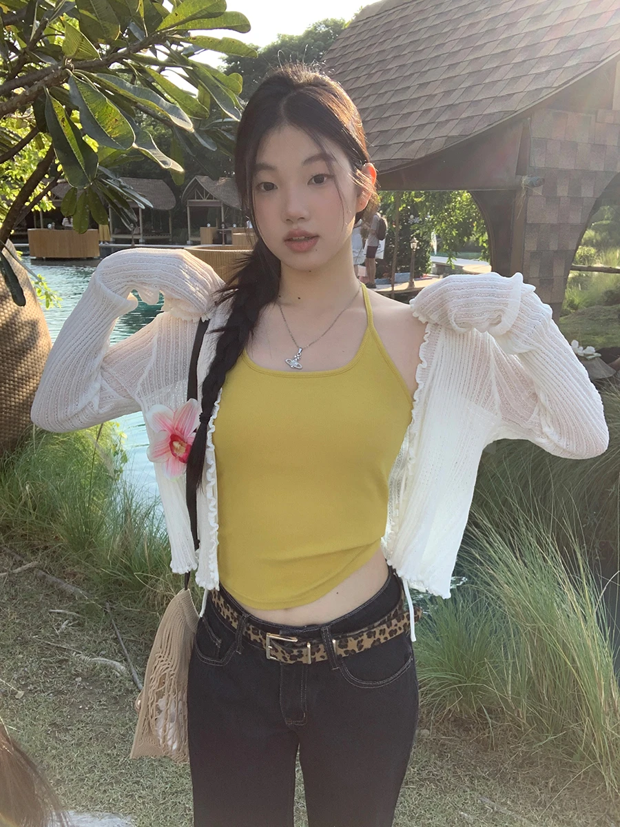 

White Knitted Open Cardigan Women's Faionable Korean Sle Autumn Top Chic Personali Sweater Coat Straight Tube Simple Ca...