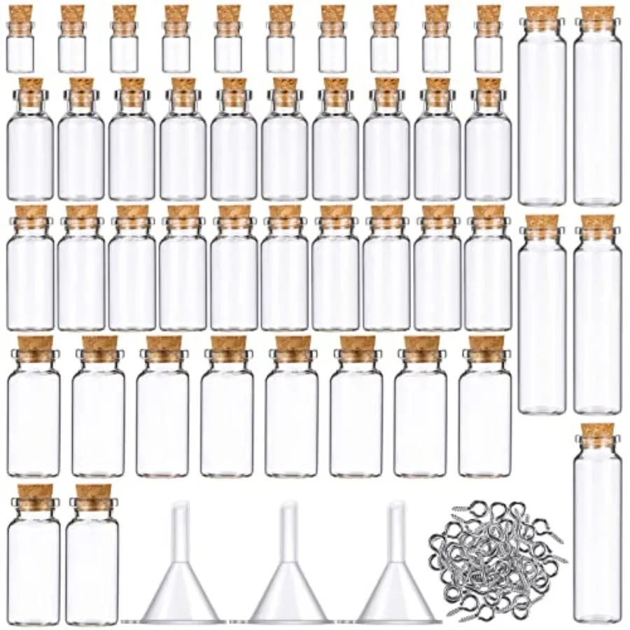 

45 Pcs Mini Glass Bottles with Cork Stoppers Spell Jar Mini Glass Vials Potion Bottles Clear Wishing Jars with 50 Eye Screws 3