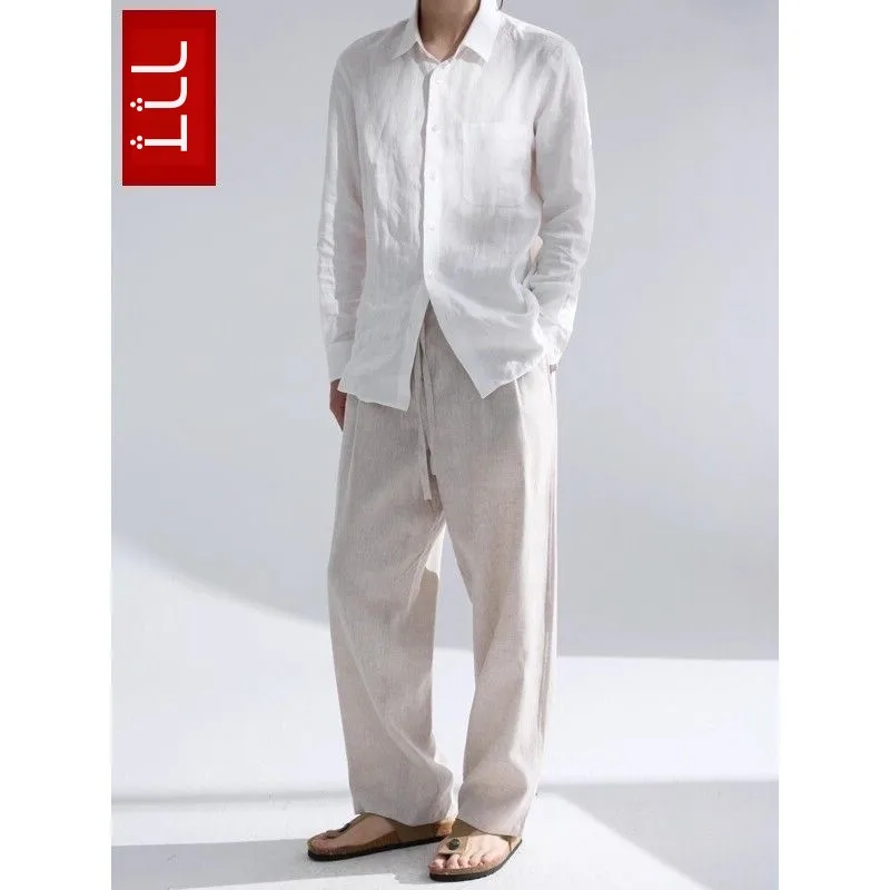 Summer Linen Shirt Pants Set Casual Loose Minimalist Old Money Style Breathable Cotton Linen Blend Long Sleeve Youthful Vitality