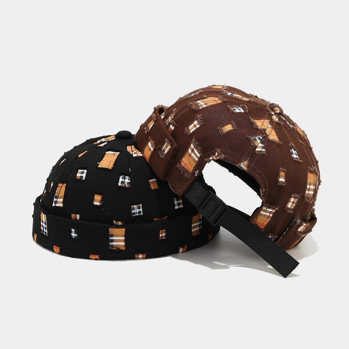 Japanese retro brimless skullcap with cuffed edge decorated plaid fabric patches unisex landlord cap for men and women