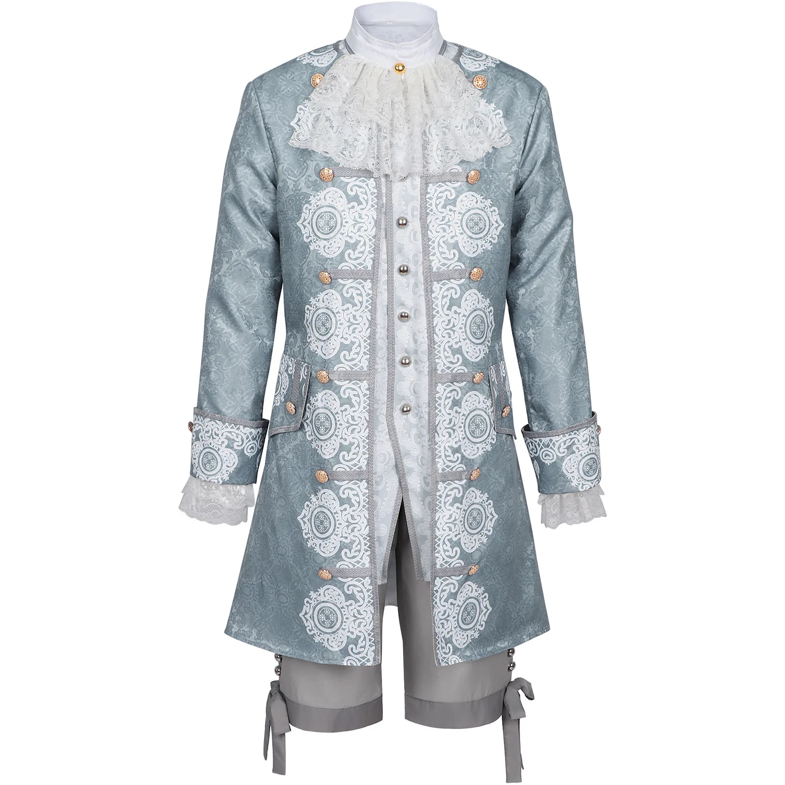 Herren Vintage Viktorianisches Edles Prinzenkostüm Grau-Weißer Jacquard-Stickmantel Mittelalterliches Königliches Cosplay Theater-Party-Faschingskostüm – Detail 3