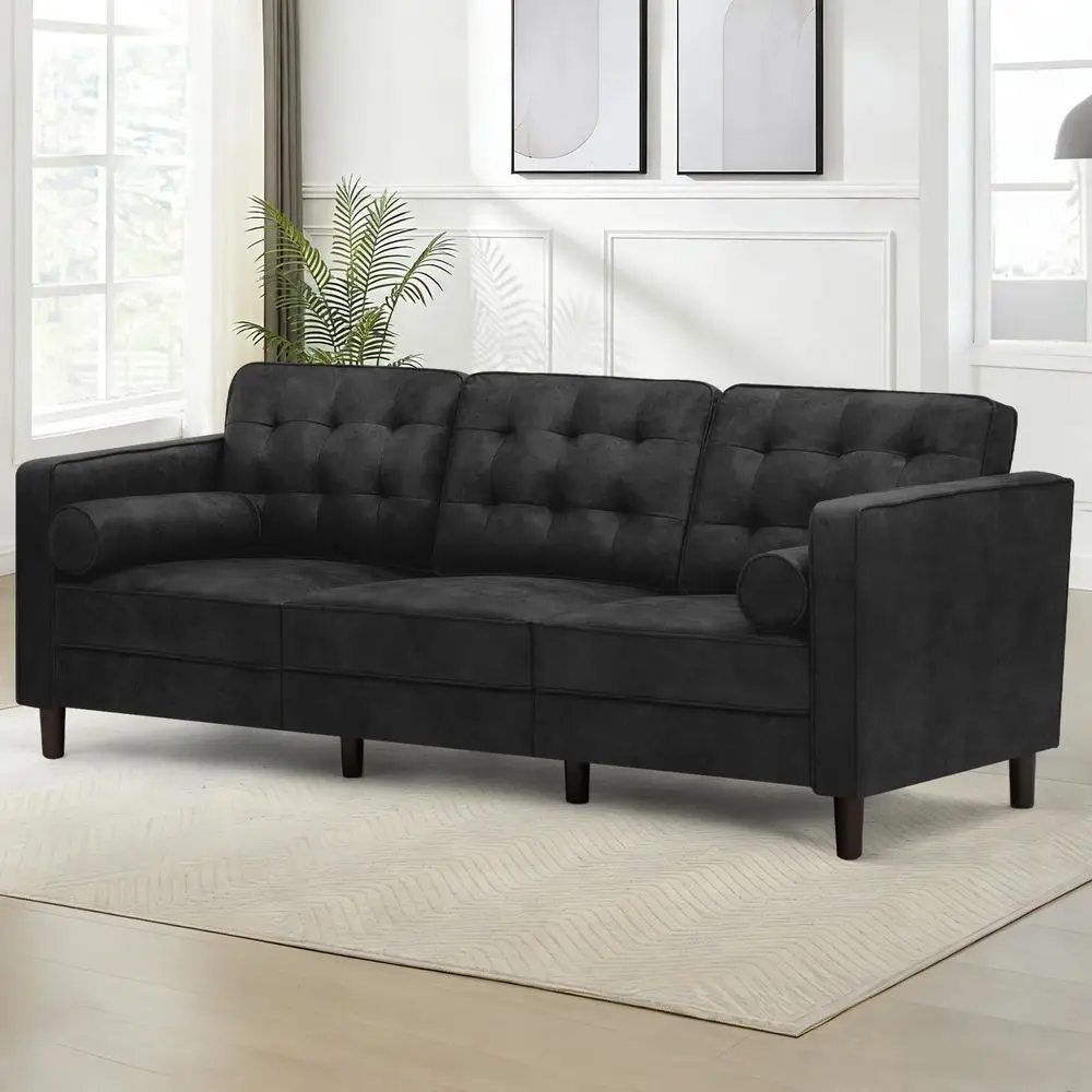 

Suede Leather 3 Seater Sofa with Two Bolster Pillows, Tufted Sofa with Wooden Legs, Mordern Couch for Living Room, Office, Apar