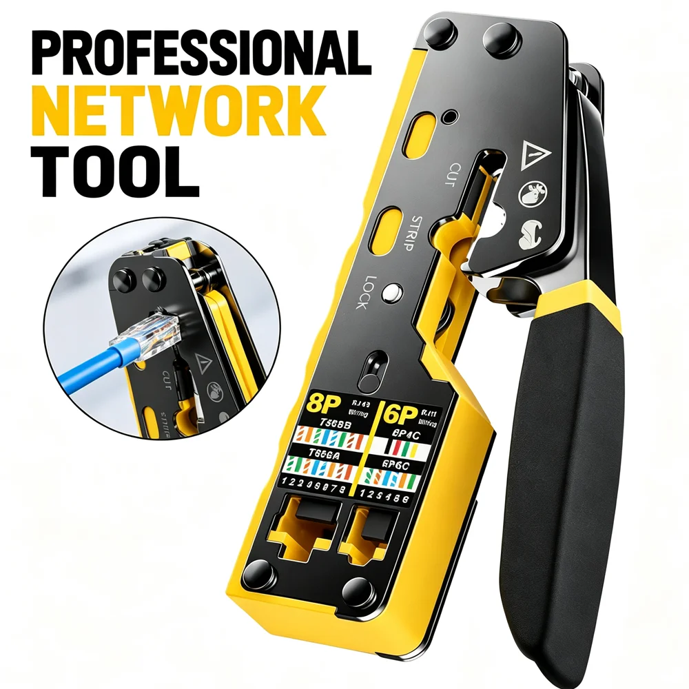 3-IN-1 Pass-through Network Cable Crimper High Quality Stripping Crimping Tool for Cat6A/Cat5/Cat5e & 8P/6P Ethernet Connectors