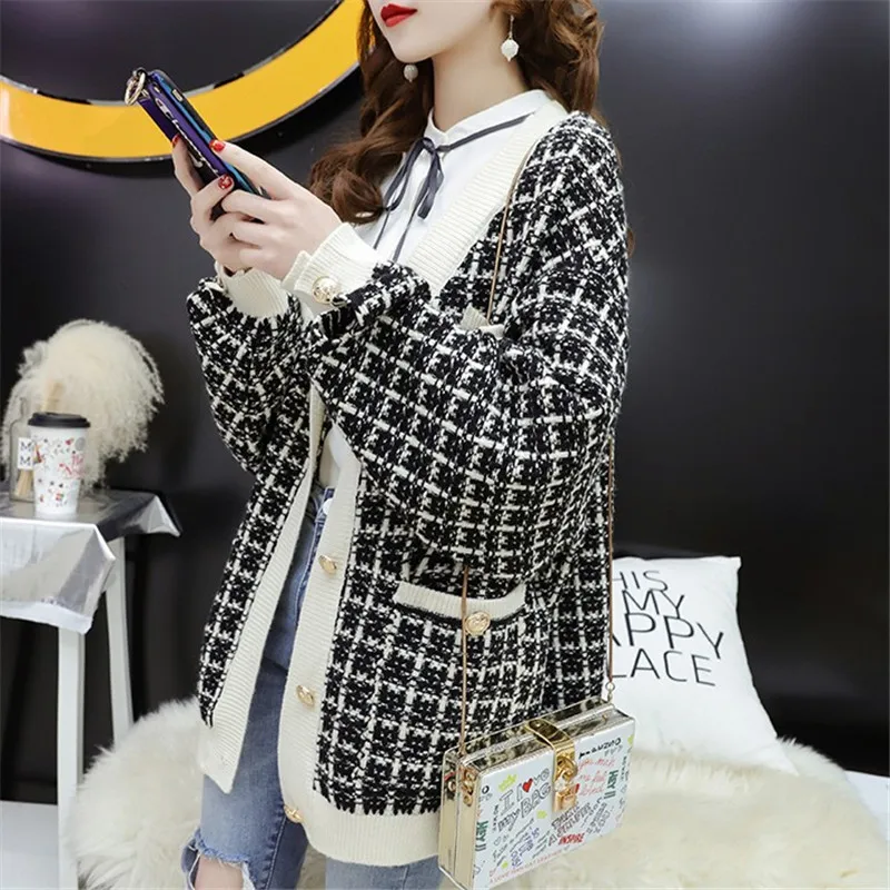 Fashion V-Neck Pockets Bright Silk Plaid Cardigan Sweaters Female Clothing 2024 Autumn Winter New Loose Knitted Casual Tops