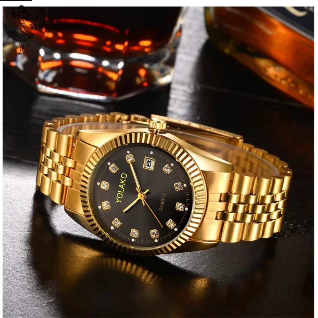 Men Luxury Rhinestone Watch Gold Waterproof Stainless Steel Bracelet Calendar Wrist Watch Male Two Tone Business Clock