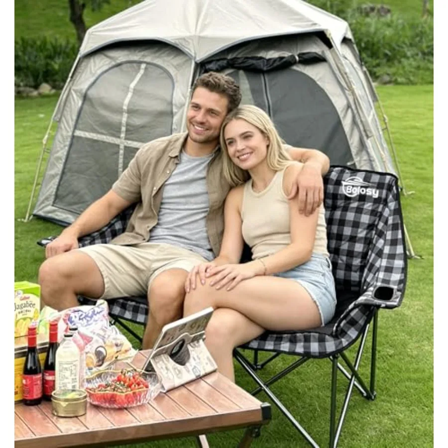 Double Camping Chair Padded Loveseat for Outdoor Use, Heavy Duty Steel Frame with Plaid Fabric, Gray and Red, Extra Wide Seatin