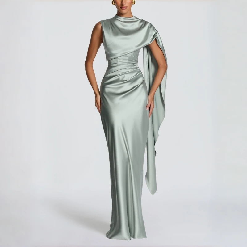 

Satin Women 's Maxi Dress Cowl Neck Ruched Waist Bodycon Dresses 2026 Summer Woman Formal Elegant Evening Party Dresses Vestidos