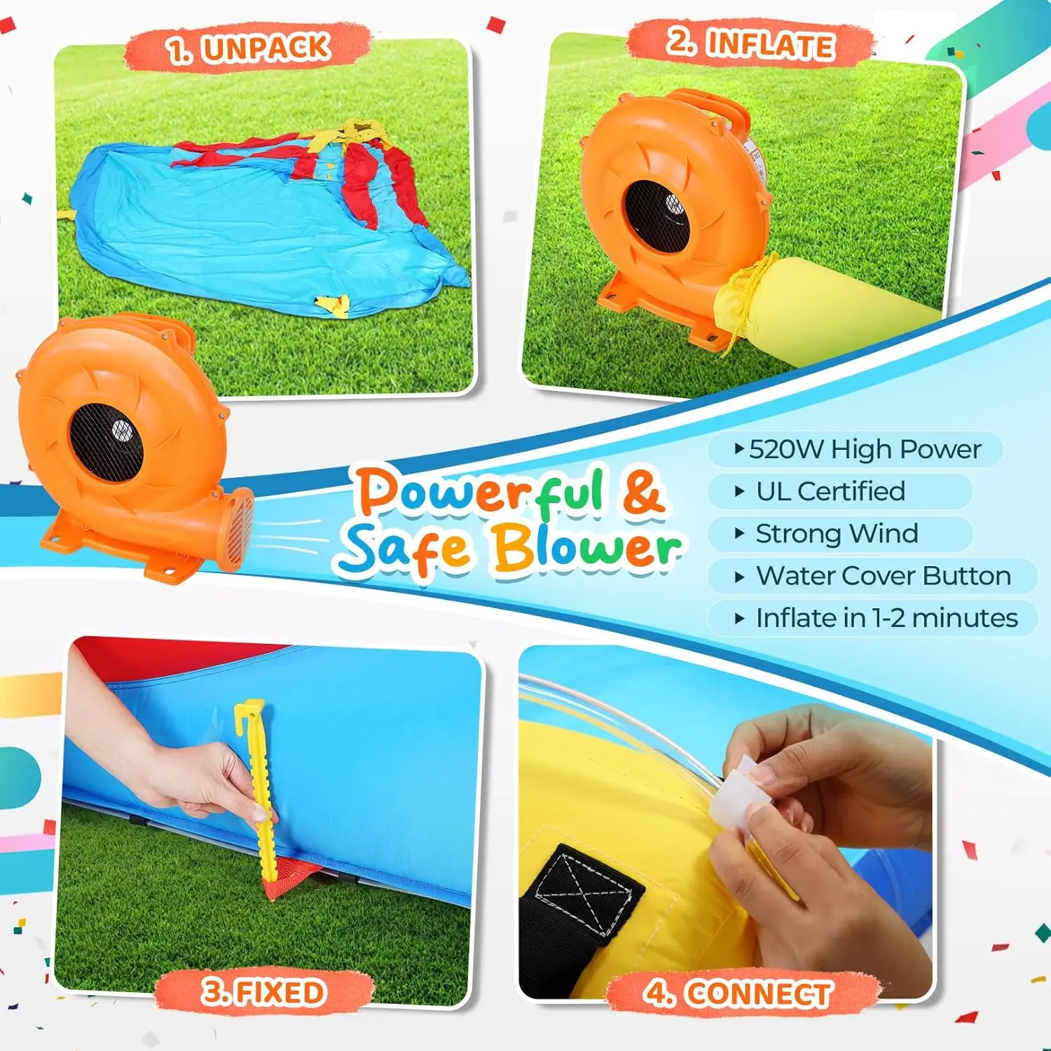Parque inflável de corrediça de água de imersão dupla – 14,5 x 12,7 x 7,5 pés resistente para diversão no quintal com piscina de respingo gigante, 2 escorregadores, escalada