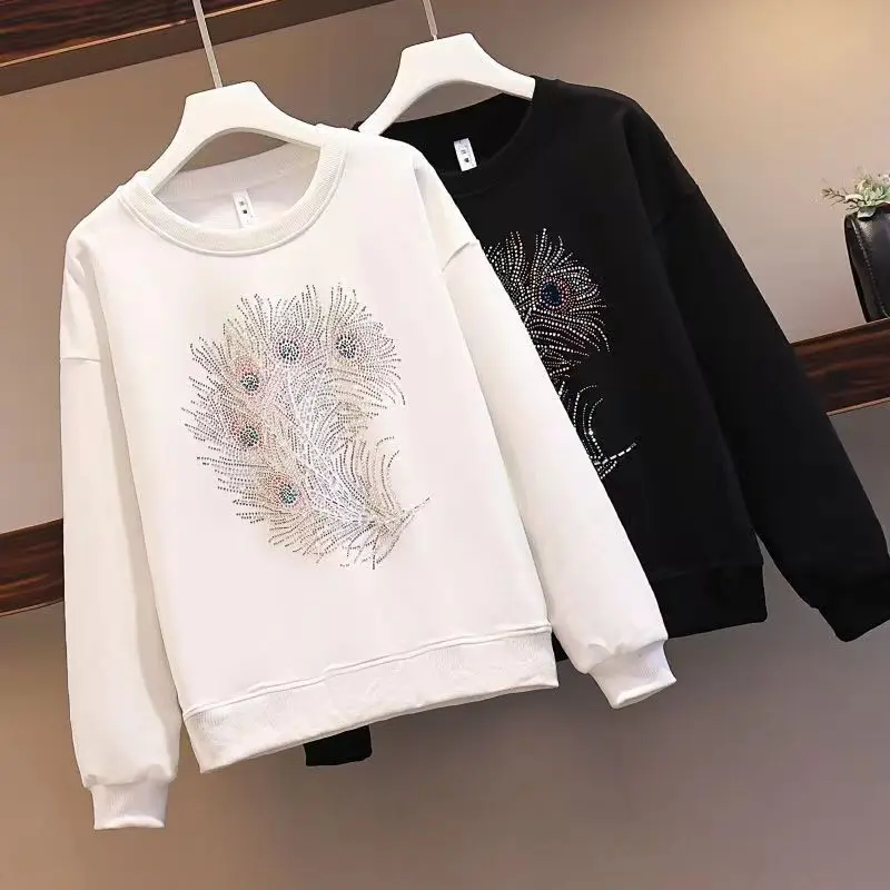 Women Spring Autumn New Round Neck Sweatshirts Commuter Fashion Solid T-shirt Hot Drills Casual Warm Versatile Long Sleeve Tops