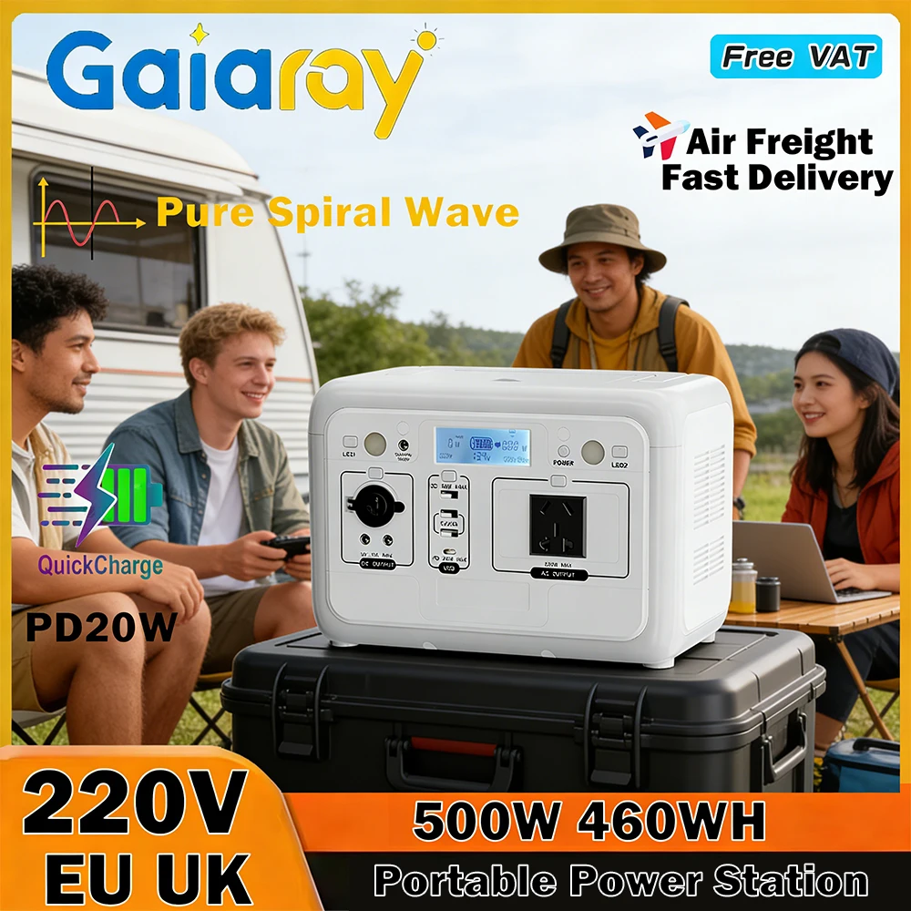 

Портативная электростанция Gaiaray 500W для улицы, солнечная, с LiFePo4 аккумуляторами, 220В, 460Втч, чистая синусоидальная волна, USB 20W PD, подходит для кемпинга