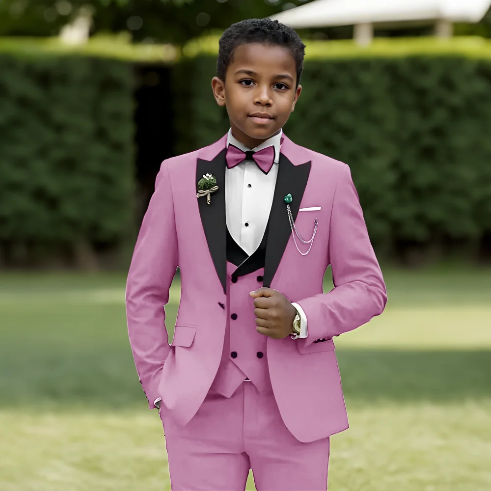 

Pink Boys Suit 3 Piece Set Formal Jacket Pants Vest Kids Wedding Tuxedo Custom Blazer 2-16 Years Old